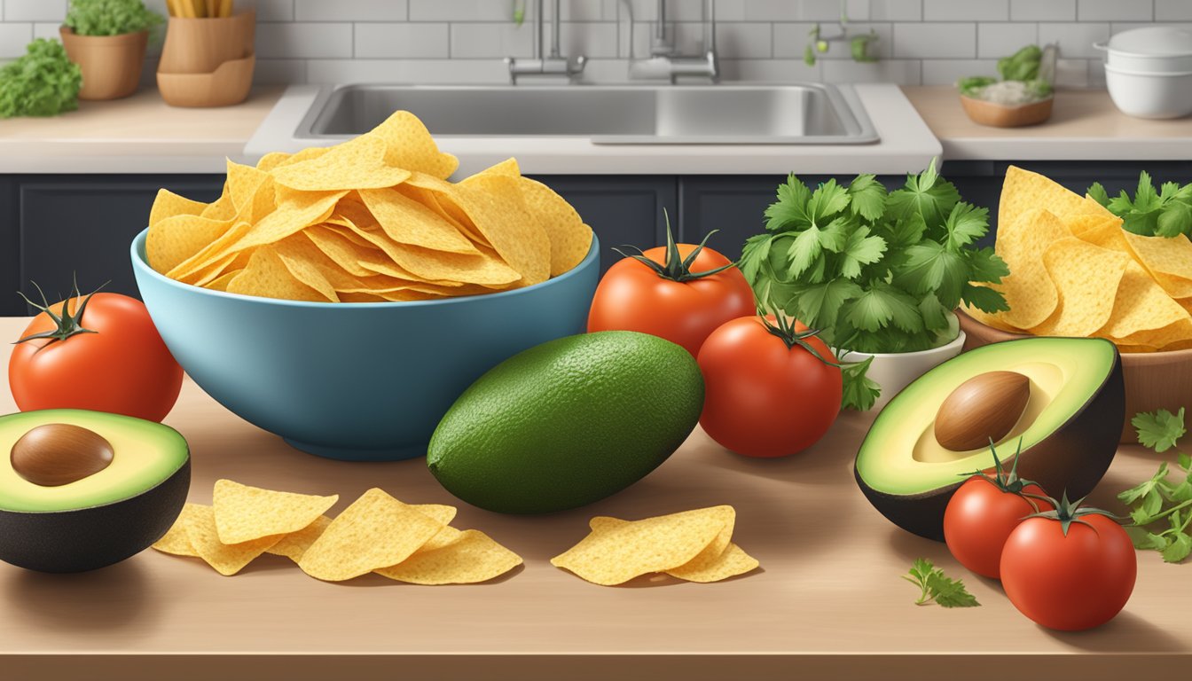 A bowl of Tostitos chips surrounded by fresh ingredients like tomatoes, avocados, and cilantro on a kitchen counter