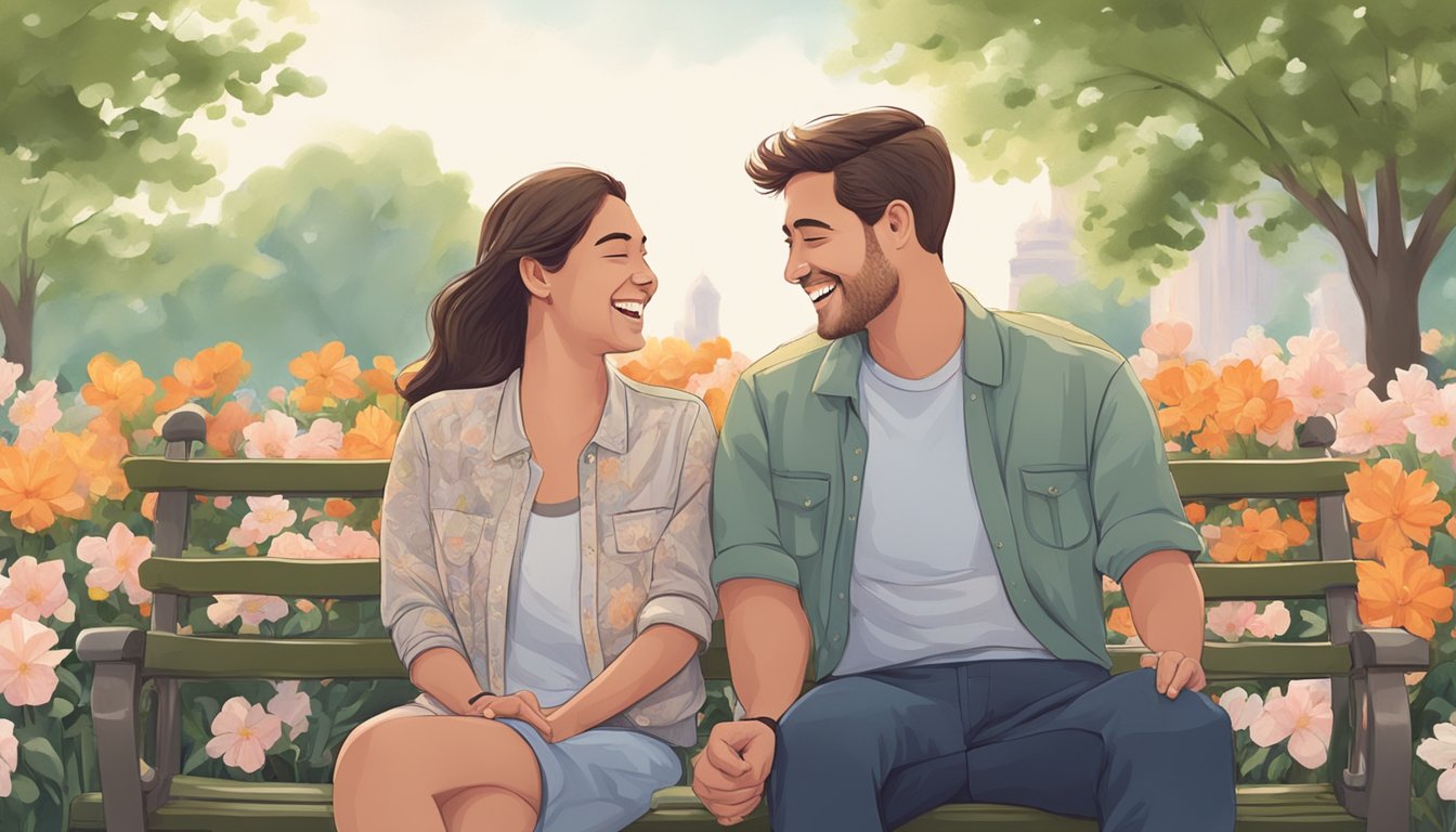 A man and woman sitting on a park bench, laughing and talking, surrounded by blooming flowers and a serene atmosphere