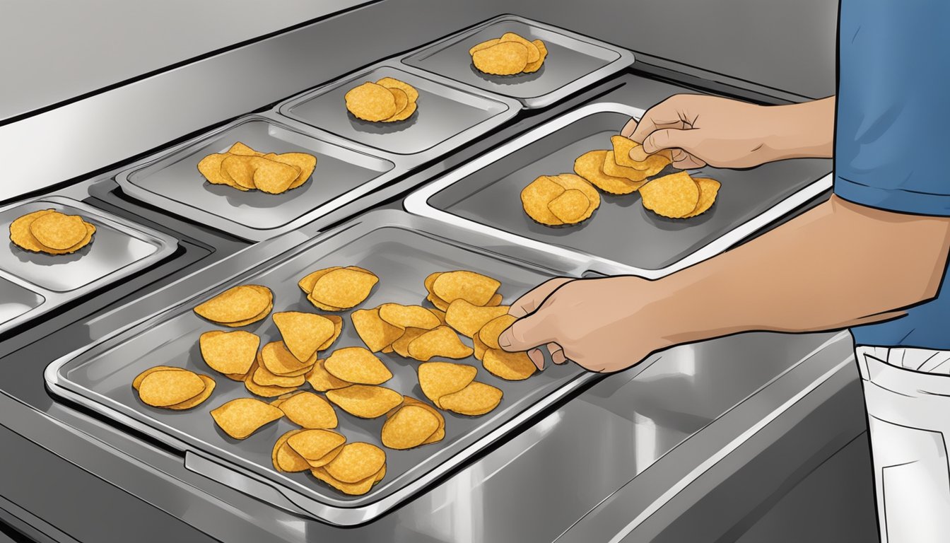 A person placing Tostitos chips on a baking sheet with leftover food to be reheated in the oven