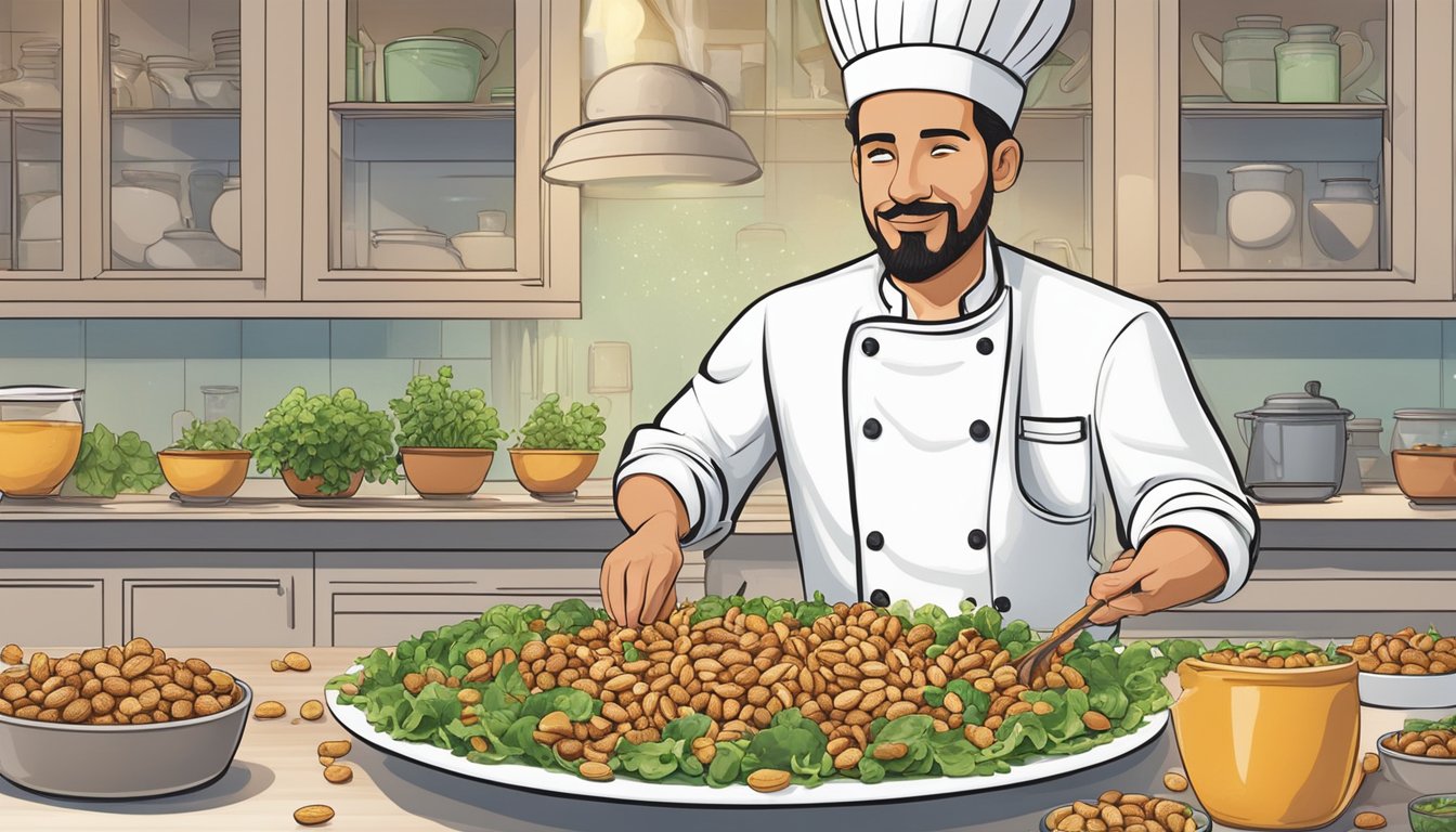 A chef sprinkles crushed Planters Peanuts onto a salad, adding a satisfying crunch to the dish