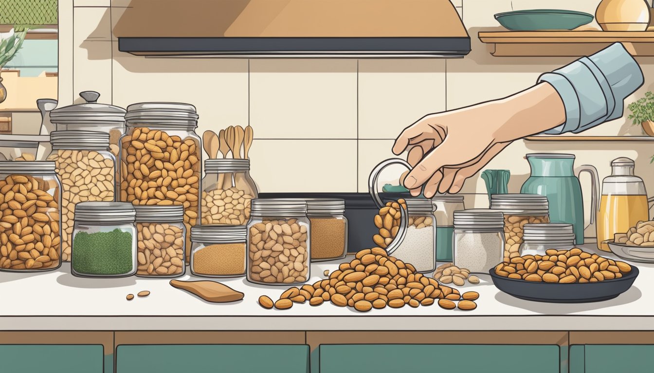 A hand reaching for a jar of Planters peanuts, surrounded by various cooking ingredients and utensils on a kitchen counter