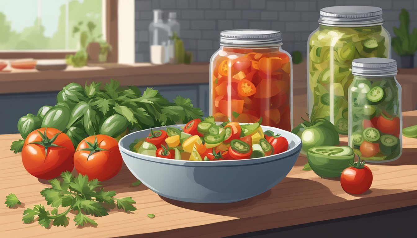 A colorful array of fresh tomatoes, onions, jalapeños, and cilantro are being chopped and mixed together in a bowl, with a jar of Pace salsa sitting nearby