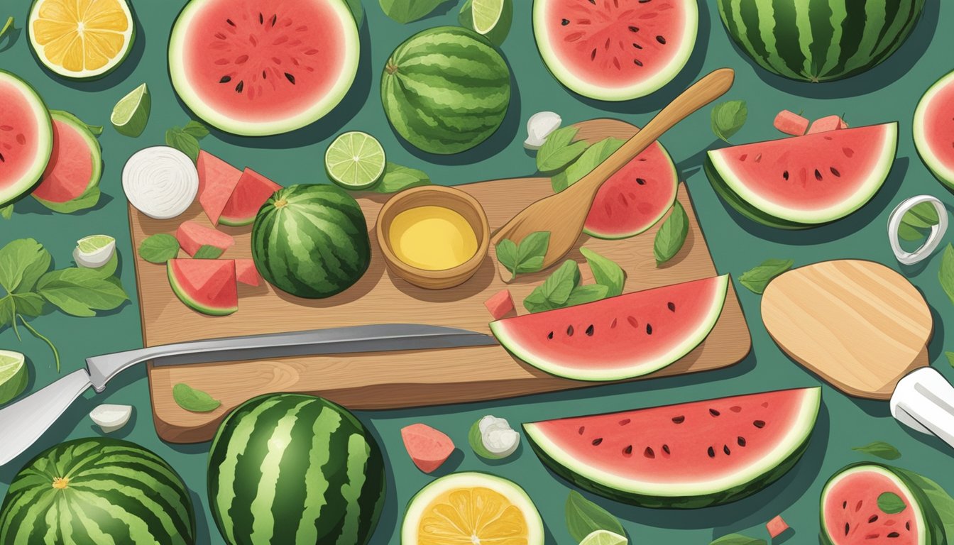 A watermelon rind sits on a cutting board, surrounded by various kitchen utensils and ingredients. A hand reaches for a knife to begin slicing the rind