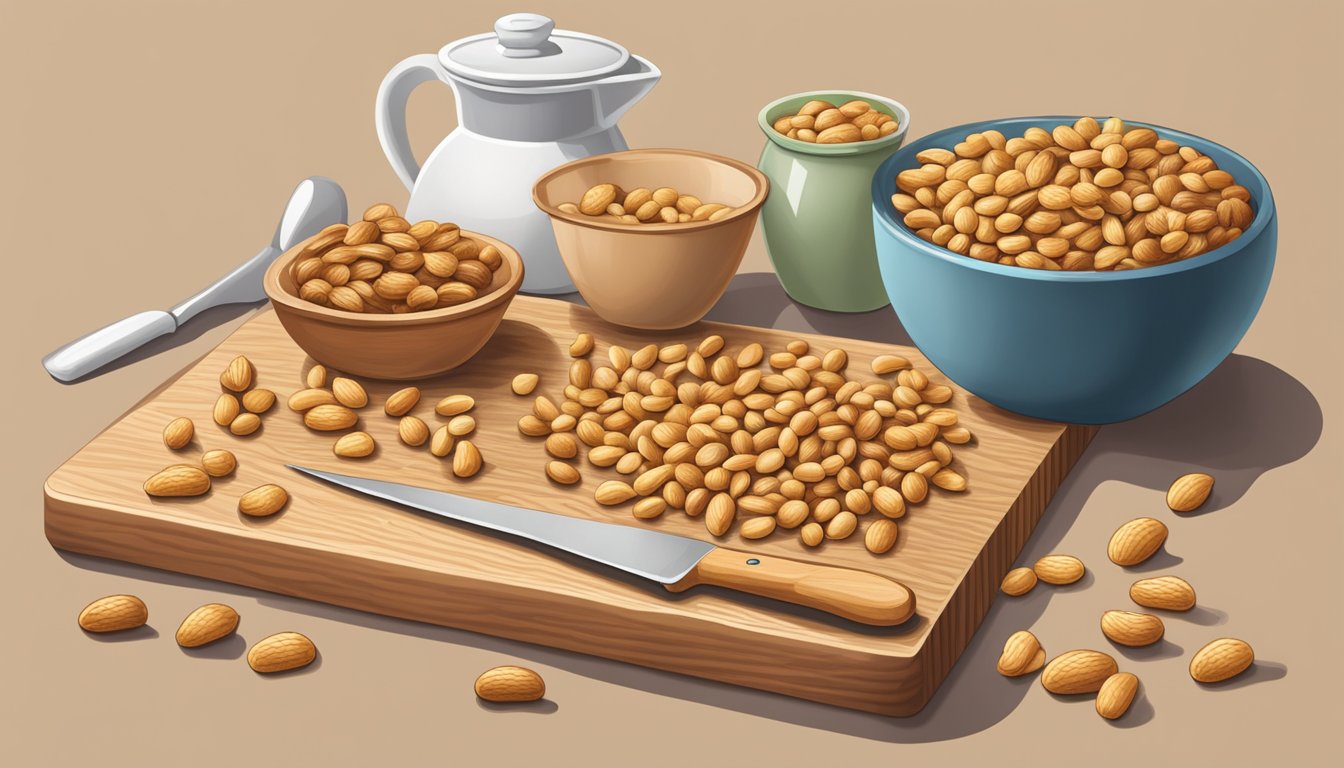 A wooden cutting board with scattered Planters peanuts, a mixing bowl filled with ingredients, and a chef's knife slicing through a crunchy peanut brittle