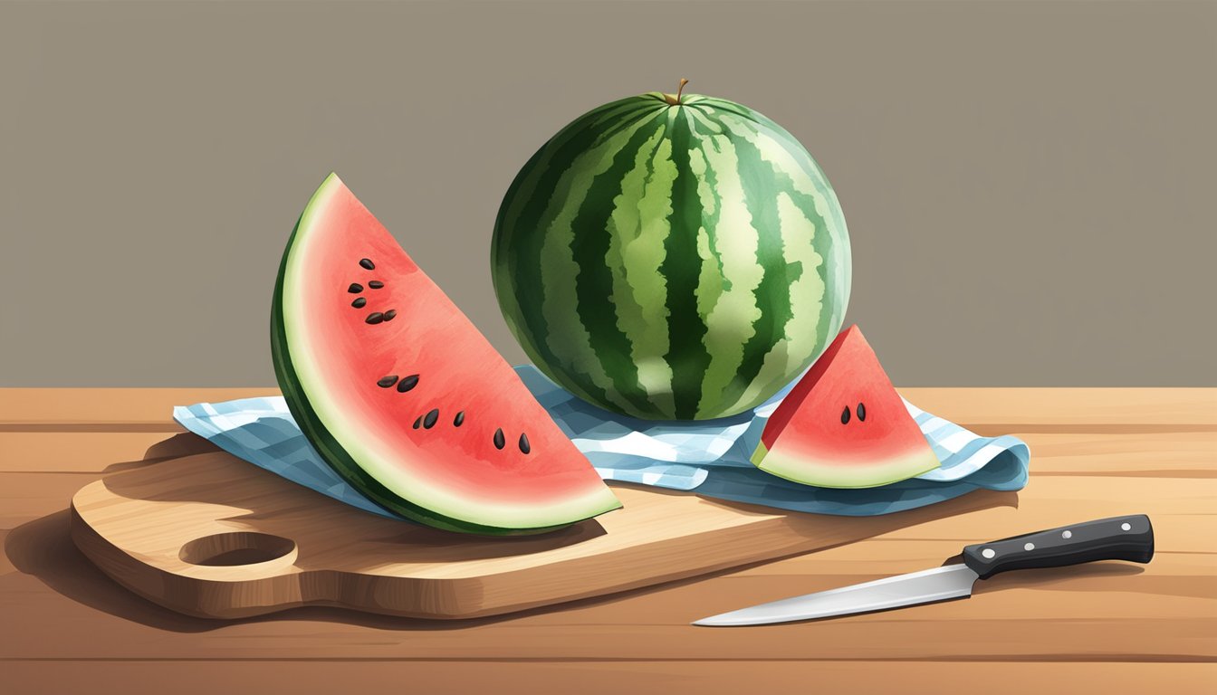 A cutting board with watermelon rind, a knife, and a bowl of salt