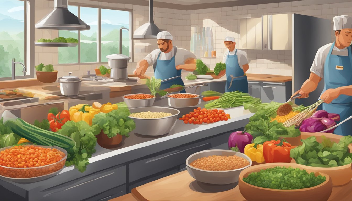 A colorful array of fresh vegetables, meats, and grains being mixed and cooked with Pace salsa in a bustling kitchen