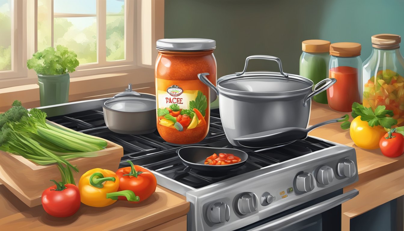 A colorful kitchen counter with a jar of Pace salsa, fresh vegetables, and a sizzling pan on the stove