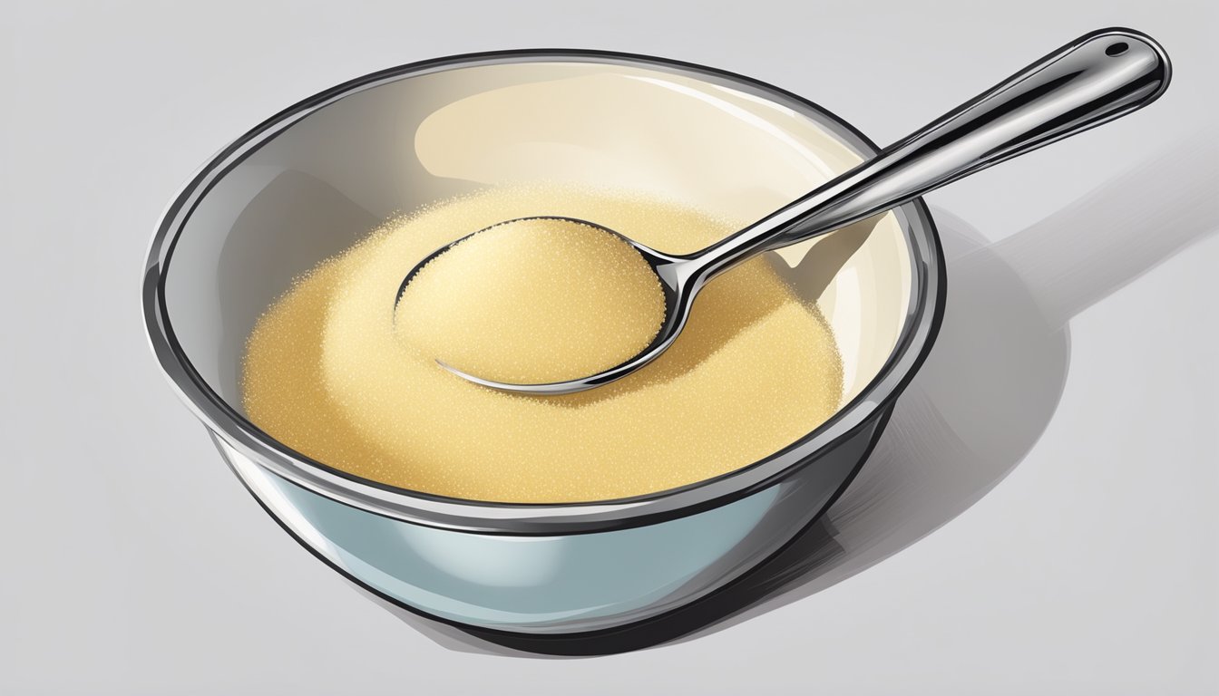 A mixing bowl filled with sugar, a measuring spoon, and a whisk on a kitchen counter