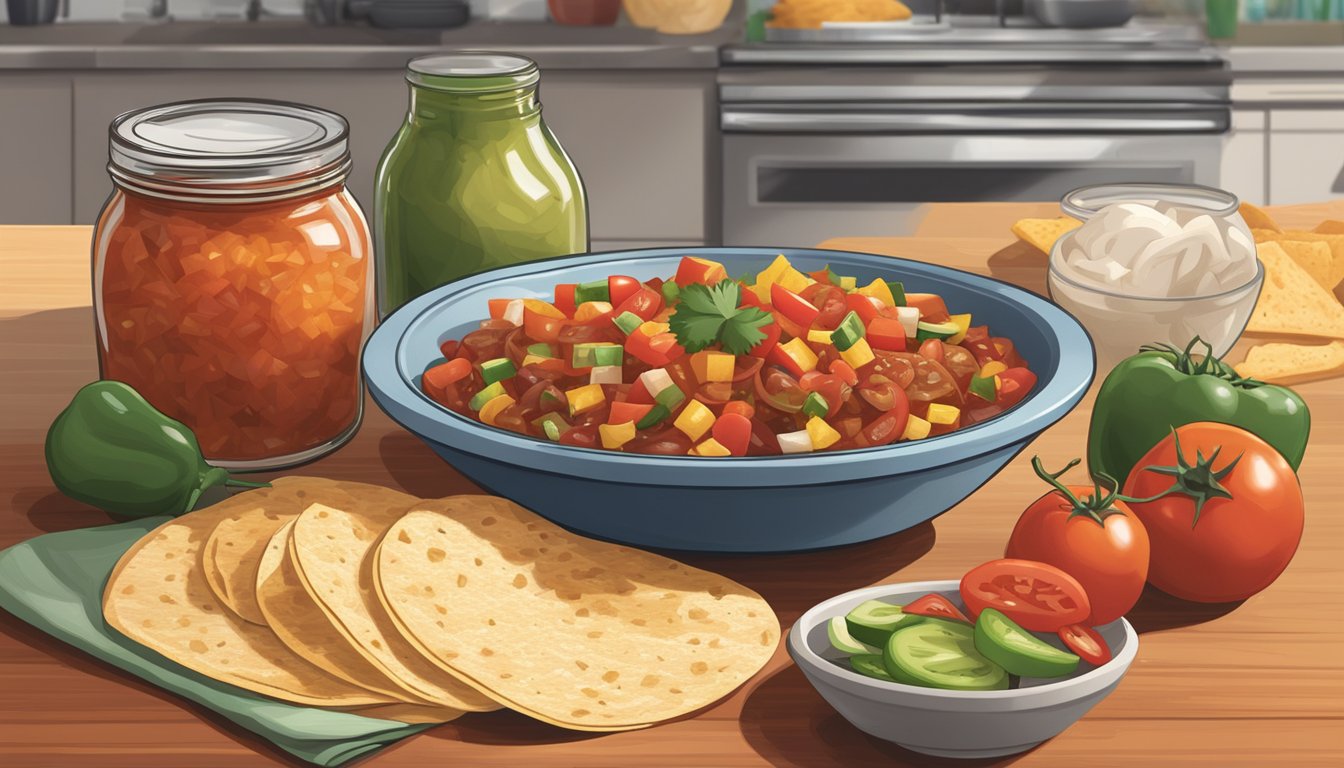 A jar of Pace salsa sits on a kitchen counter next to a cutting board with diced tomatoes and onions, a bowl of tortilla chips, and a skillet with sizzling fajitas