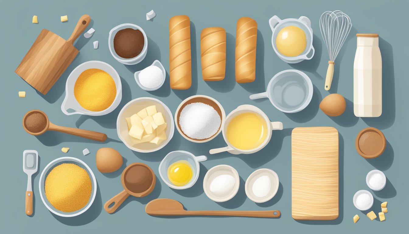 A kitchen counter with assorted baking ingredients and utensils, including a bag of CH sugar, measuring cups, and a mixing bowl