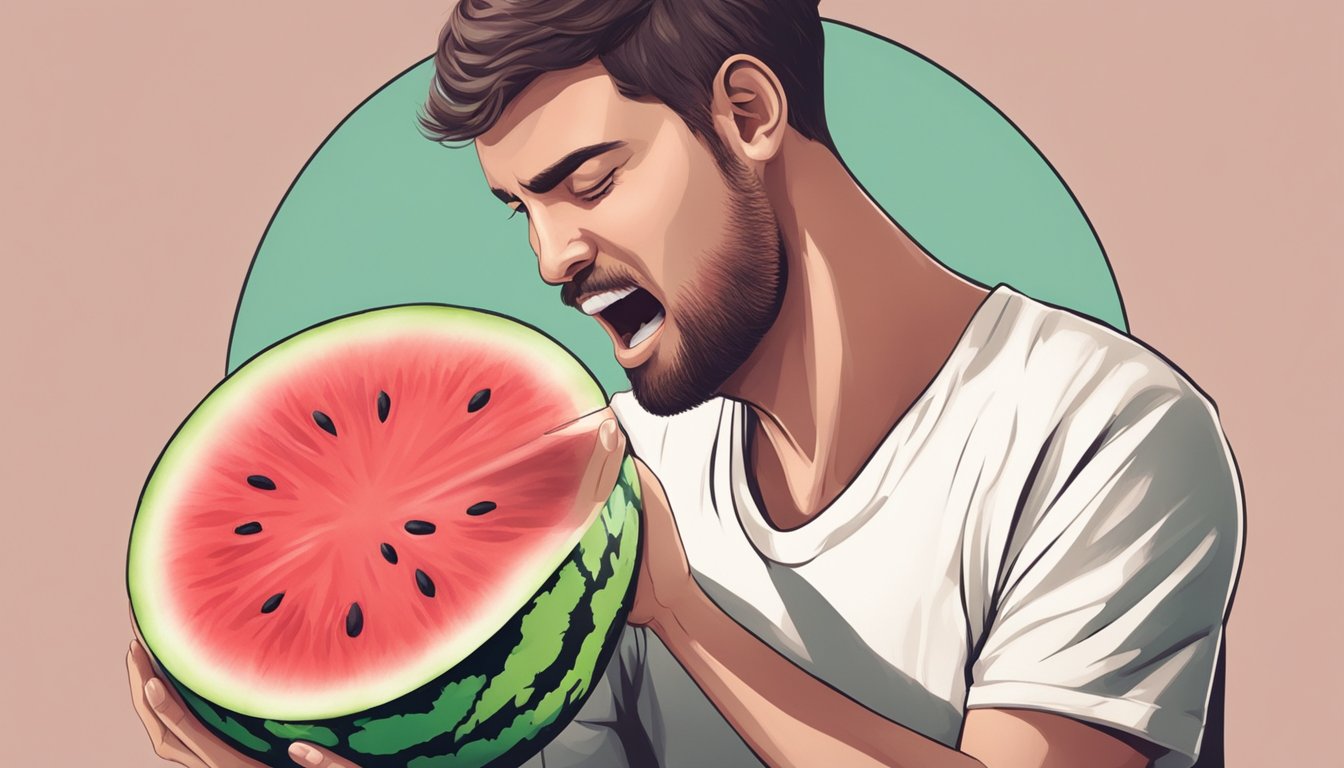 A person eating watermelon then clutching their stomach in pain