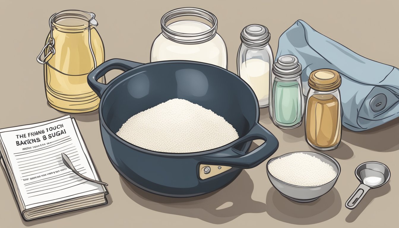 A kitchen counter with a bag of CH sugar, a mixing bowl, measuring cups, and a whisk. A recipe book open to a page titled "The Finishing Touch: How to Cook with CH Sugar for Baking and Sweetening."