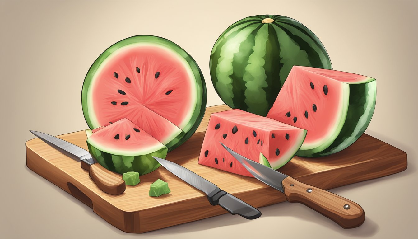 A watermelon rind being sliced into small, bite-sized pieces with a knife on a cutting board, ready to be eaten