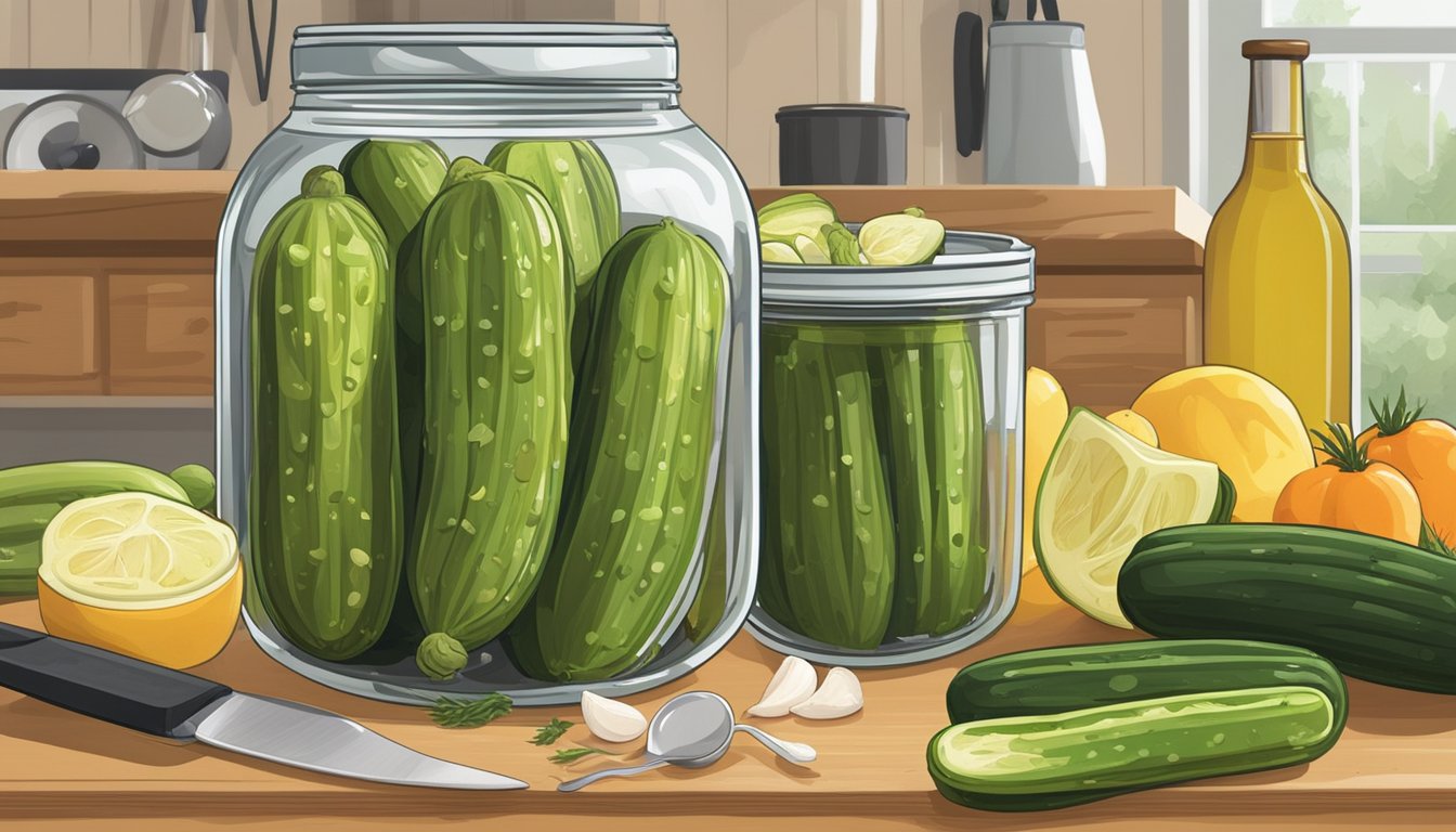 A jar of Vlasic pickles sits open on a kitchen counter, surrounded by fresh ingredients and cooking utensils. The briny aroma fills the air as the pickles are being chopped and added to a dish