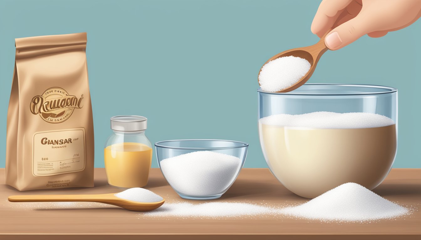 A mixing bowl filled with granulated sugar being slowly poured into a measuring cup, with a bag of sugar and a wooden spoon nearby