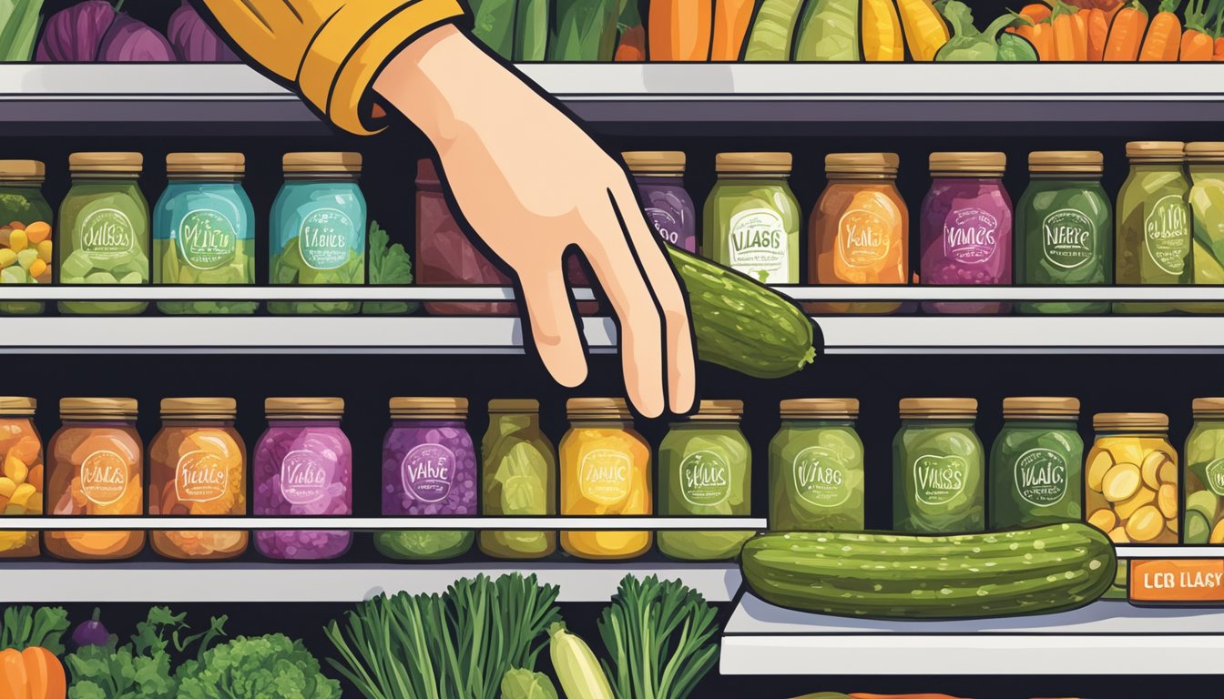 A hand reaching for a jar of Vlasic pickles on a crowded grocery store shelf, surrounded by colorful vegetables and spices