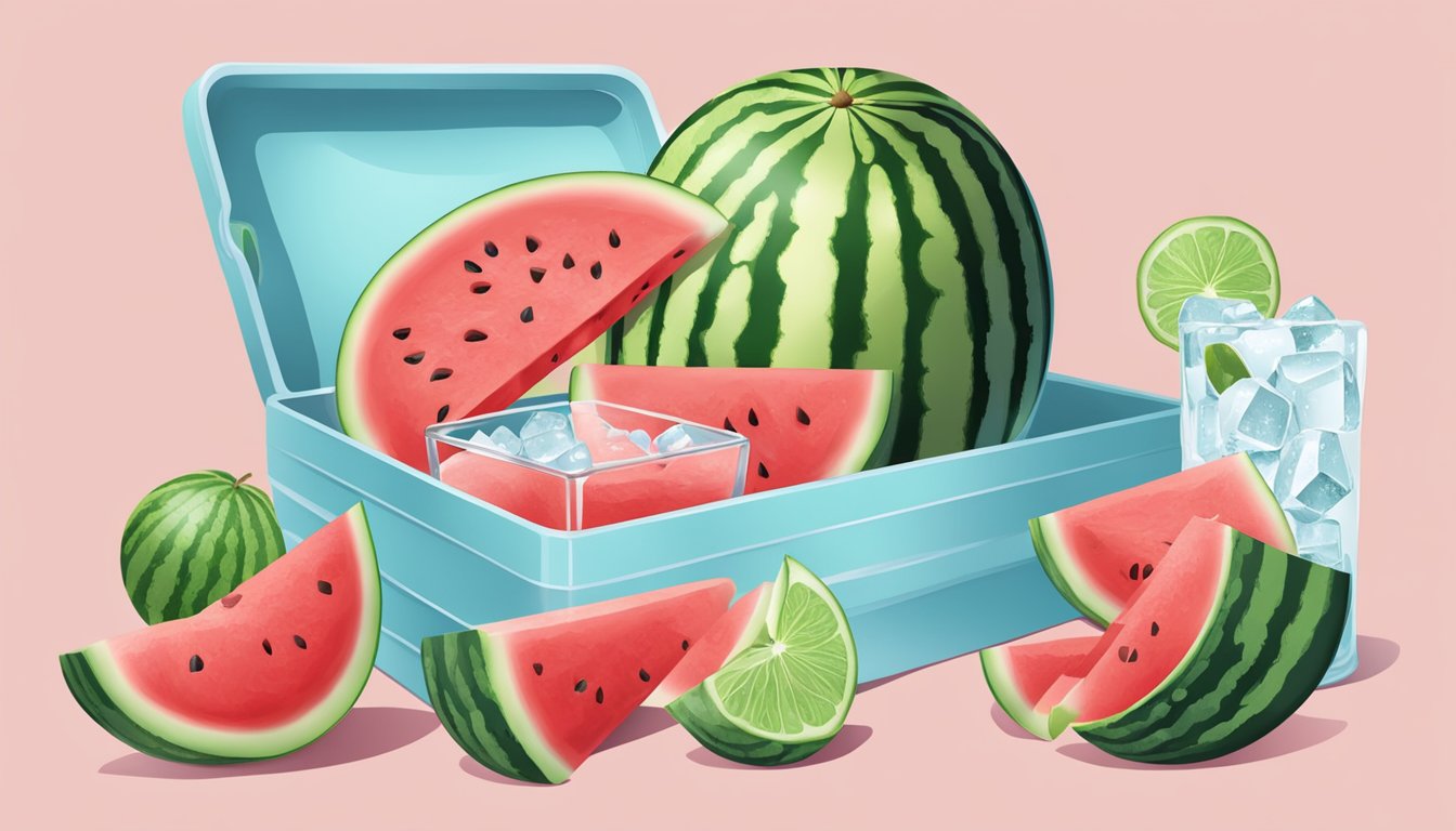 A watermelon slice being placed in a container with a lid, surrounded by ice cubes to maintain freshness and sweetness