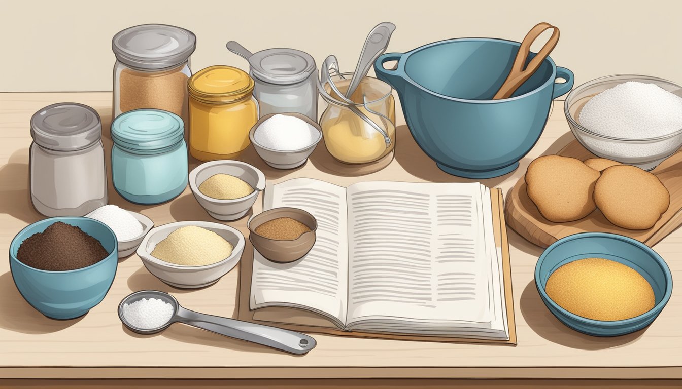 A kitchen counter with various baking ingredients and tools, including a bag of CH sugar, measuring spoons, mixing bowls, and a recipe book open to a page on advanced baking techniques