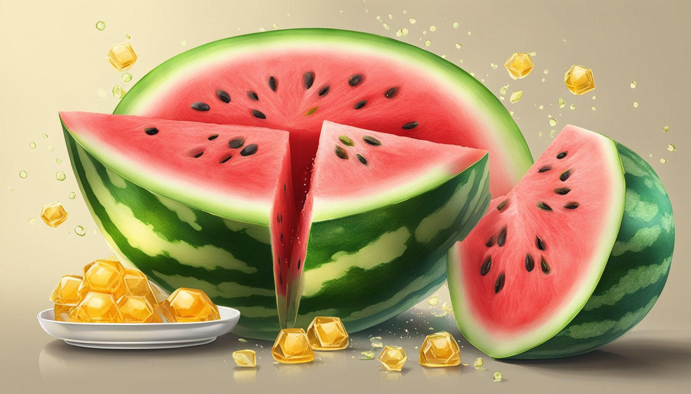 A watermelon being sliced and sprinkled with honey and lime juice