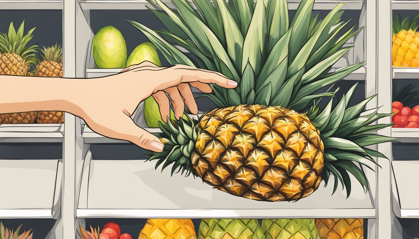 A hand reaching for a ripe pineapple in a grocery store display