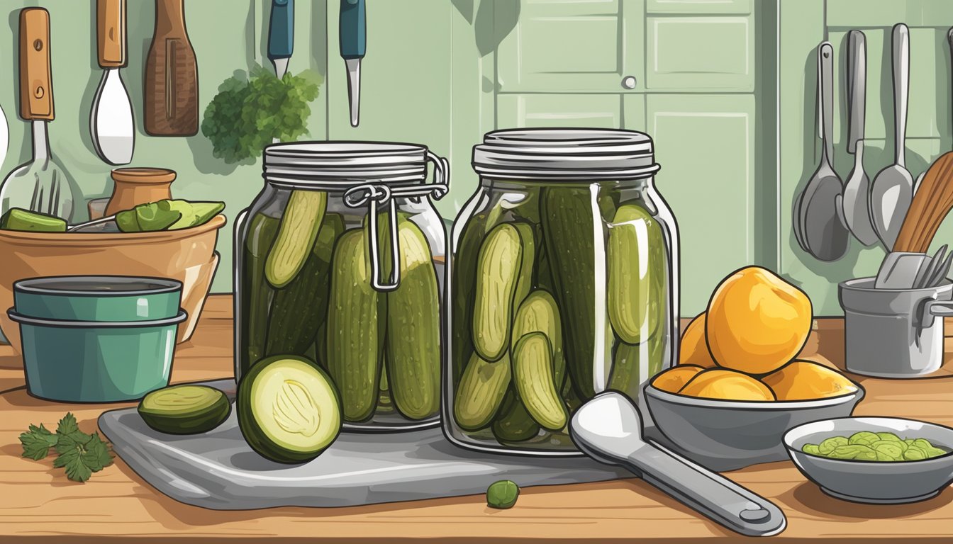 A jar of Vlasic pickles sits open on a kitchen counter, surrounded by various cooking utensils and ingredients. A small bowl of pickle brine is being measured out with a spoon