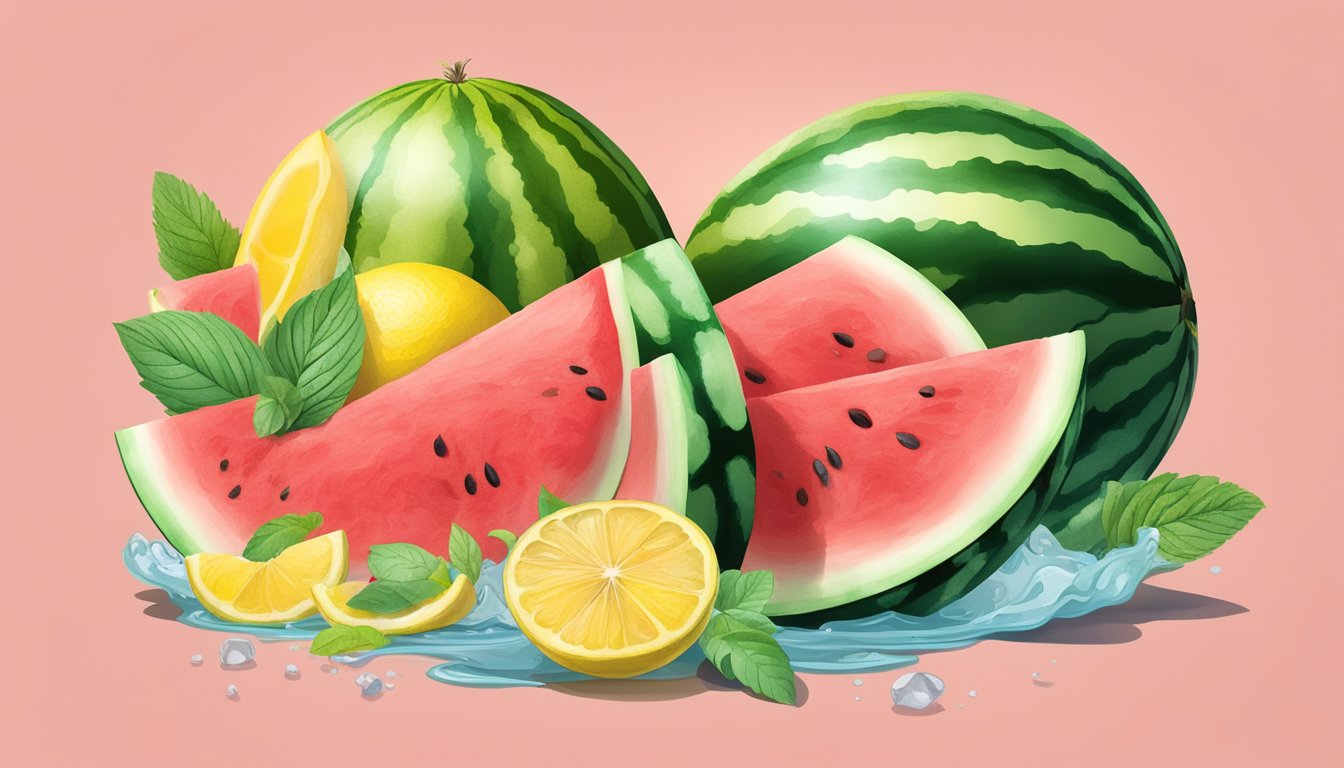 A watermelon slice surrounded by bloating remedies like ginger, peppermint, and water with lemon slices