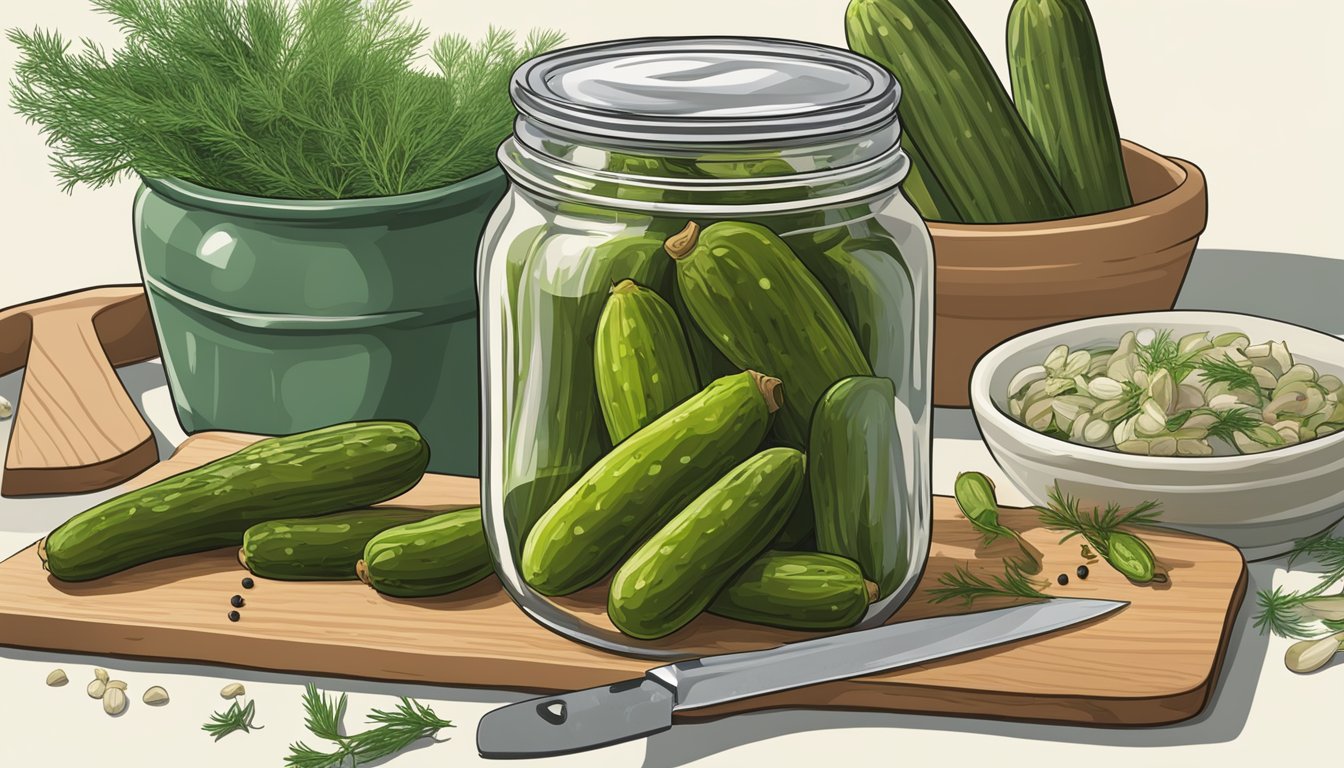 A jar of Vlasic pickles sits on a kitchen counter, surrounded by fresh dill and garlic cloves. A cutting board and knife are nearby, ready for use