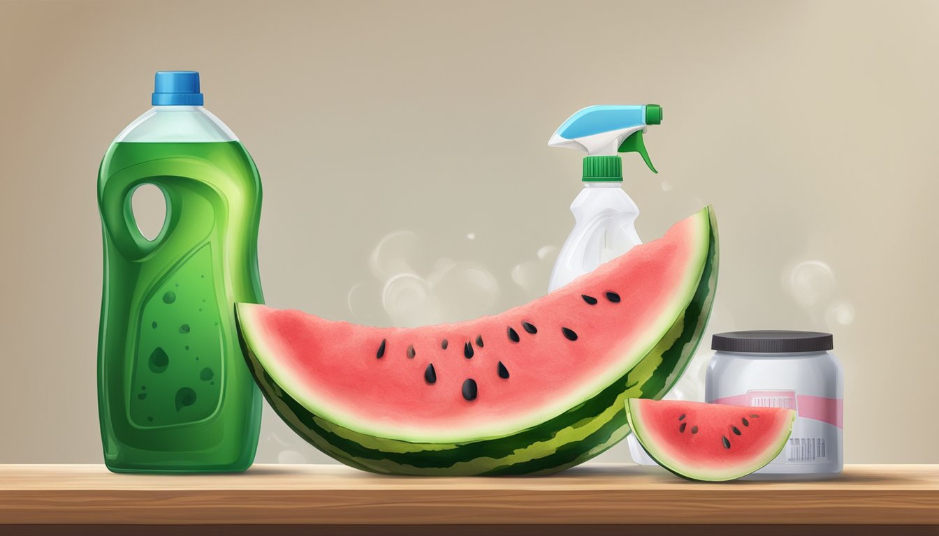 A watermelon with a large stain on a table, surrounded by natural and chemical stain removers such as vinegar, baking soda, and laundry detergent