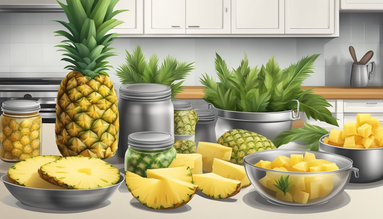 A kitchen counter with a variety of fresh and canned pineapple, along with other ingredients and cooking utensils laid out for preparing a dish