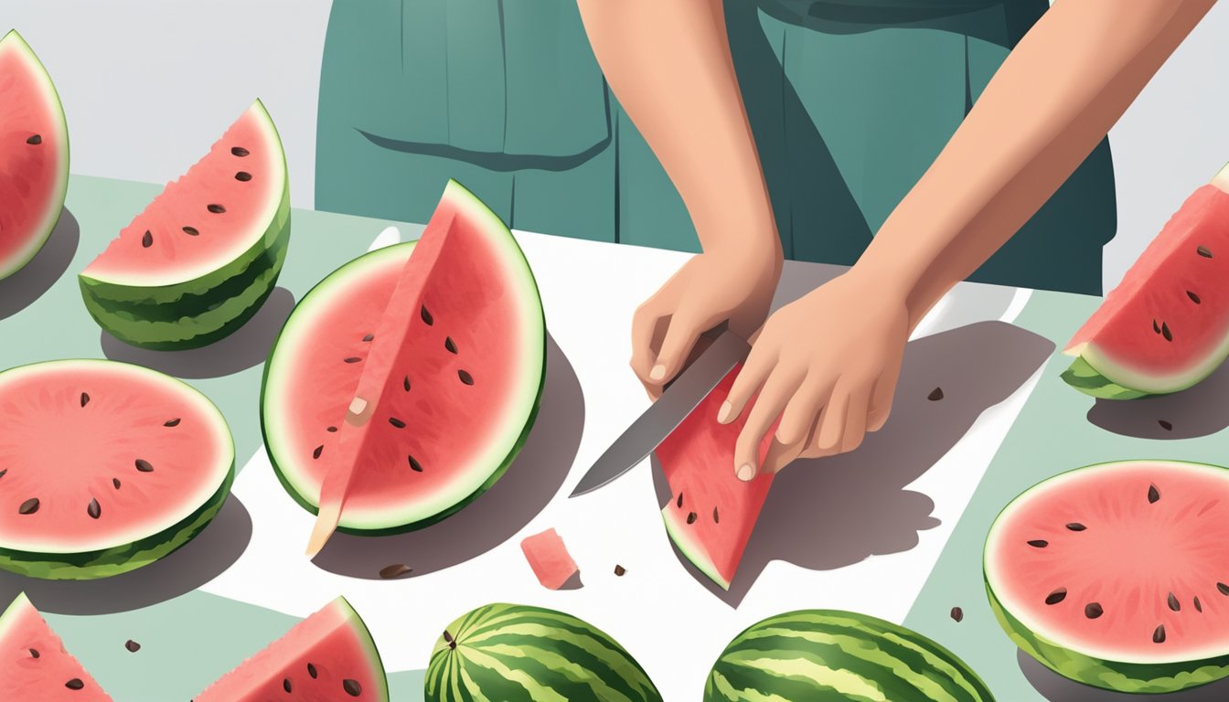 A person cutting up a watermelon and removing the seeds before eating