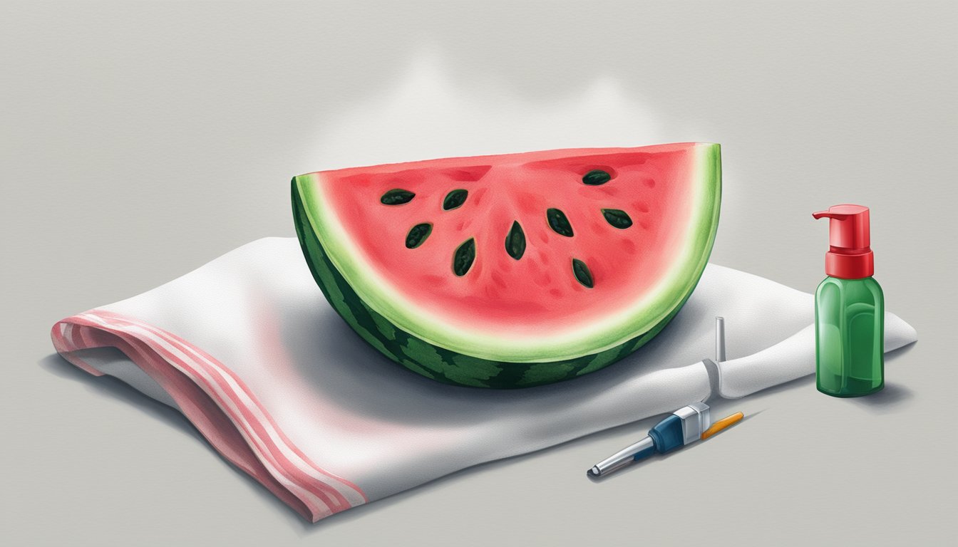 A watermelon slice on a white fabric with a red stain and a bottle of stain remover next to it