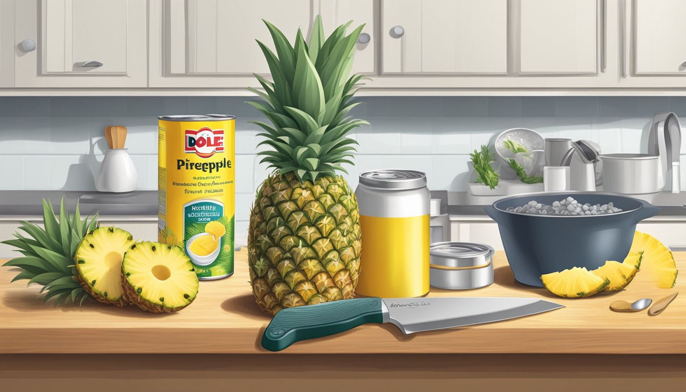 A kitchen counter with a cutting board, knife, can opener, mixing bowl, and a can of Dole pineapple