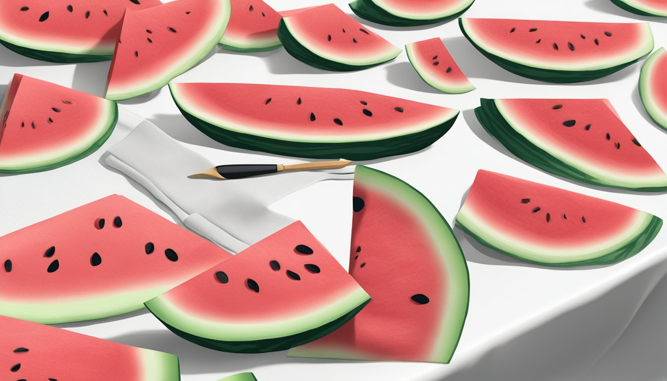 A watermelon slice on a white tablecloth, with a spill and a clean spot, surrounded by different fabric swatches and surface samples