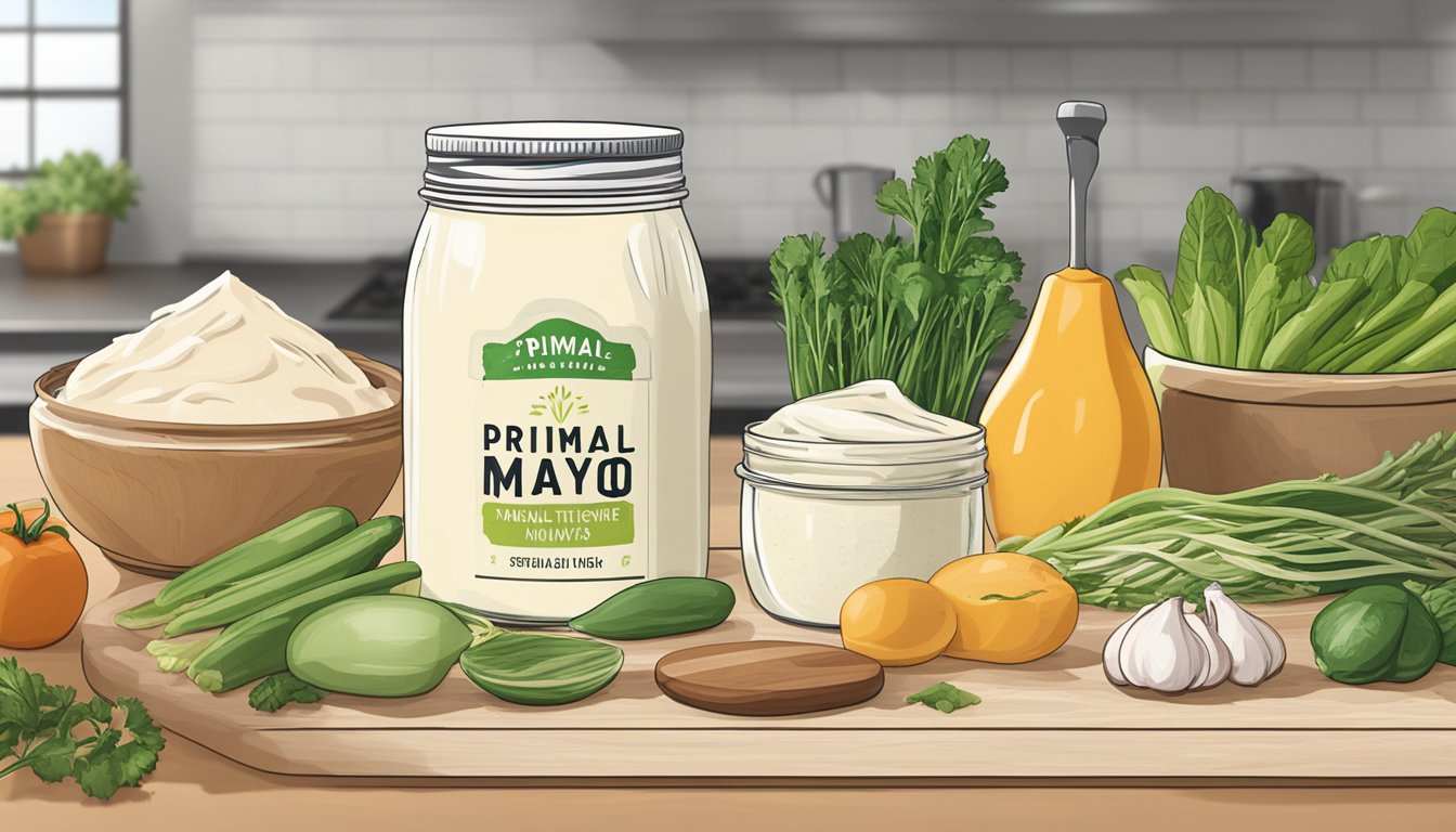 A jar of Primal Kitchen Mayo sits on a kitchen counter next to a cutting board, knife, and various fresh ingredients ready to be mixed and cooked