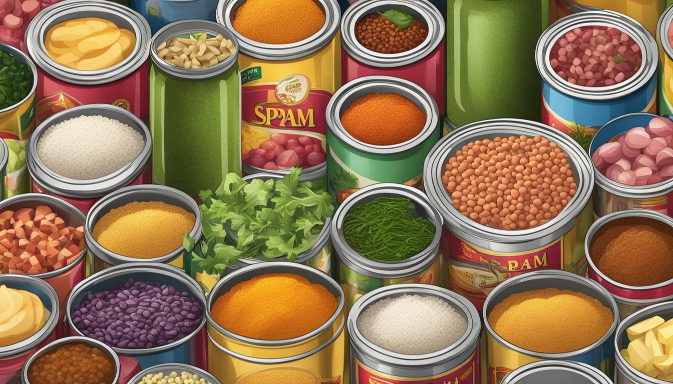 A colorful kitchen counter with various cans of spam, fresh vegetables, and spices laid out for cooking