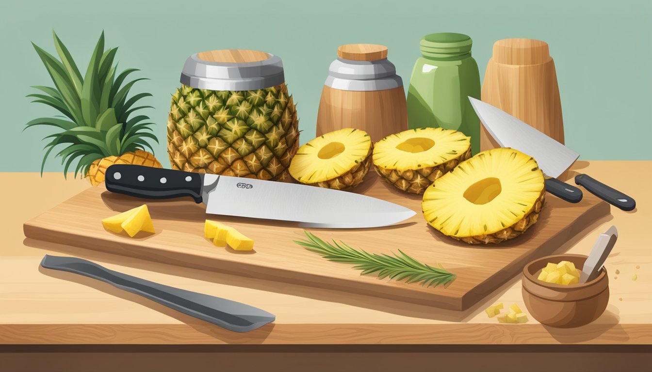 A kitchen counter with a cutting board, knife, and fresh pineapple, surrounded by various cooking utensils and ingredients