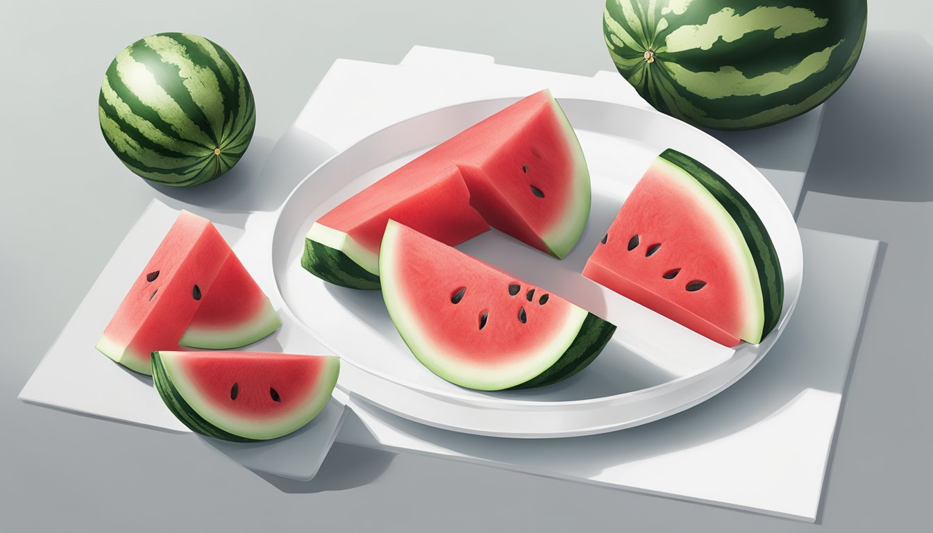 A watermelon being sliced and served on a clean, white surface with a spill-proof mat underneath