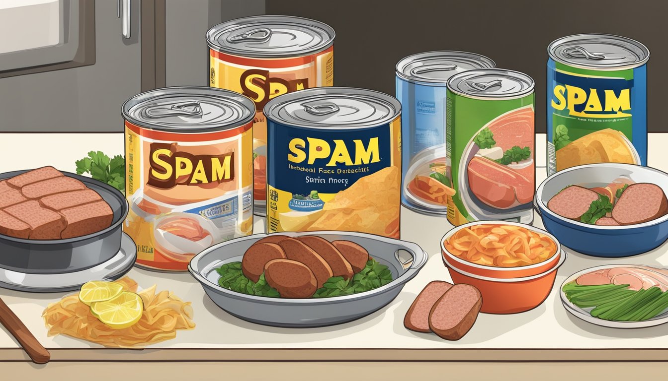 A kitchen counter with various cans of spam, fresh ingredients, and cooking utensils. A recipe book open to a page on fusion and international spam dishes