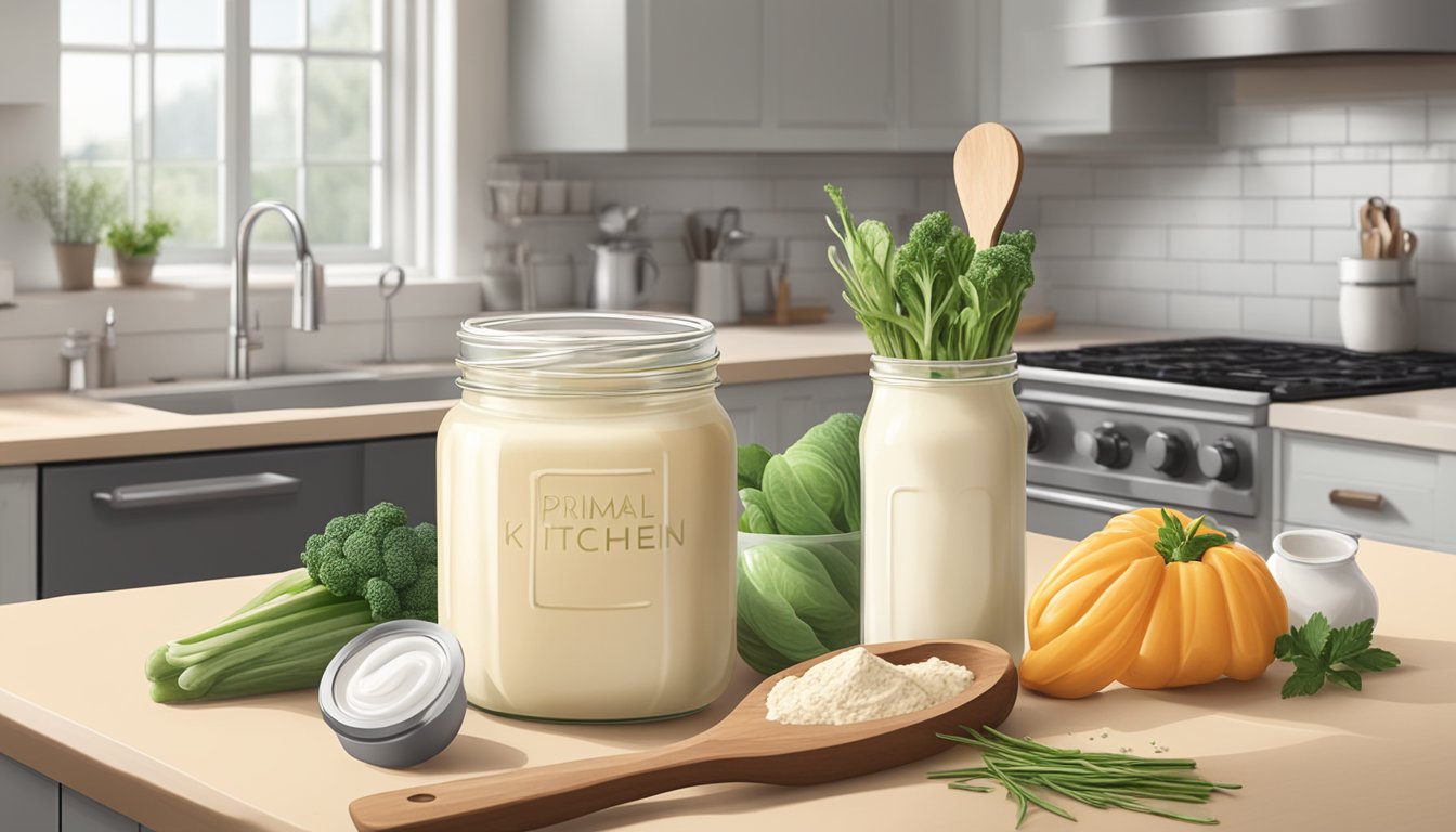 A jar of Primal Kitchen mayo surrounded by fresh ingredients and cooking utensils on a clean kitchen counter