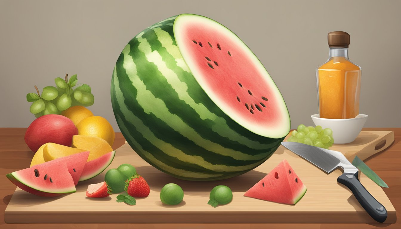 A watermelon rind sits on a clean cutting board, surrounded by a knife and a bowl of diced fruit