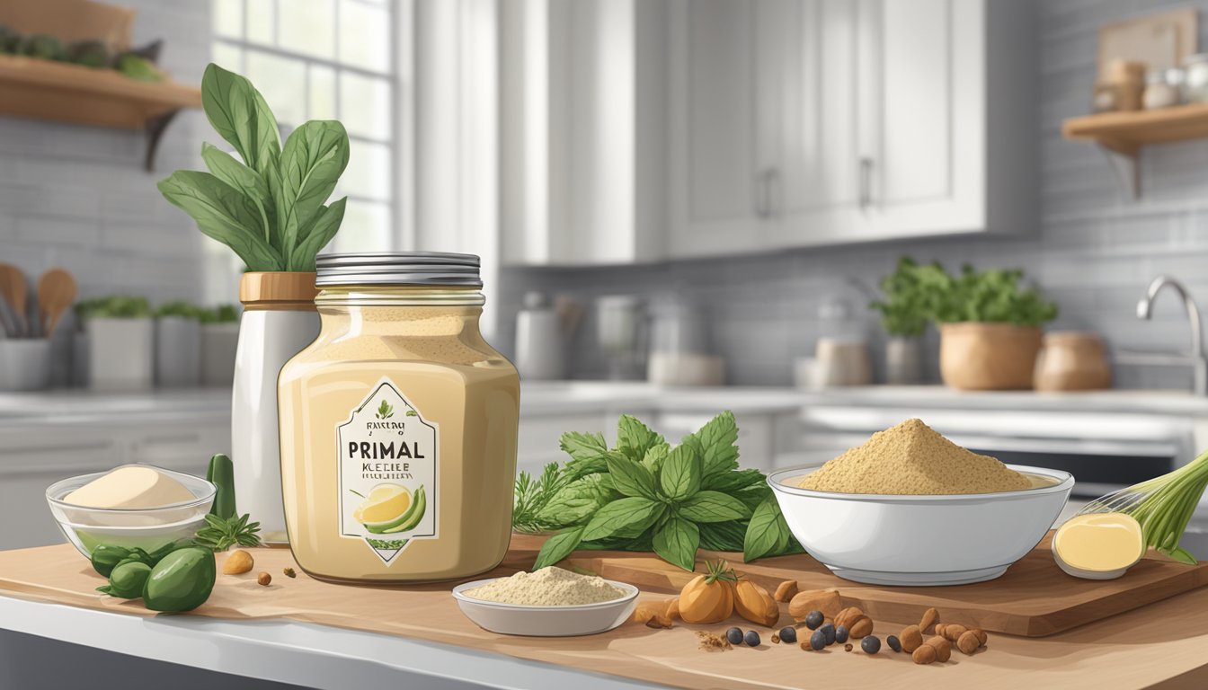 A jar of Primal Kitchen mayo sits on a kitchen counter surrounded by various spices, herbs, and ingredients. A mixing bowl and whisk are nearby, ready for customizing flavors