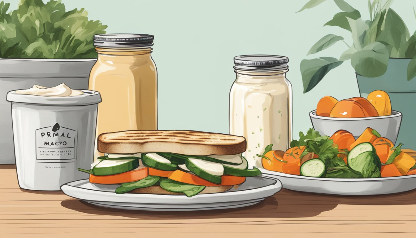 A jar of Primal Kitchen mayo sits next to a plate of grilled vegetables and a sandwich, with a dollop of mayo on the side