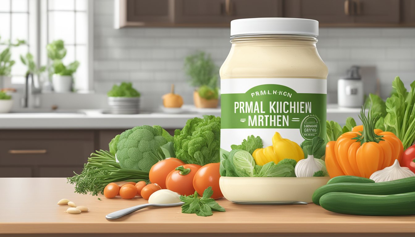 A jar of Primal Kitchen mayo surrounded by fresh vegetables and herbs on a clean kitchen counter