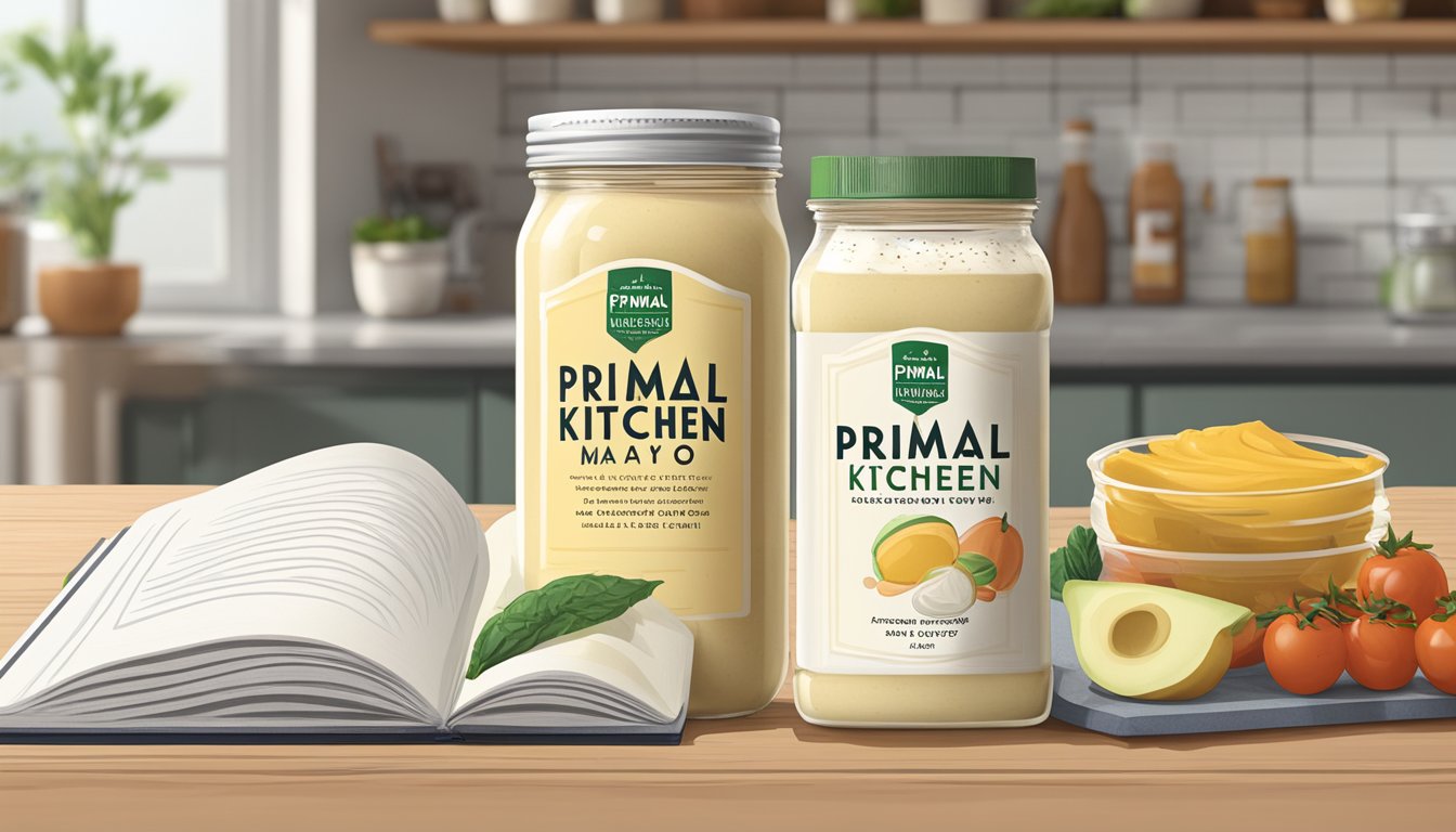 A jar of Primal Kitchen mayo sits on a shelf next to other condiments. A recipe book with open pages lies nearby