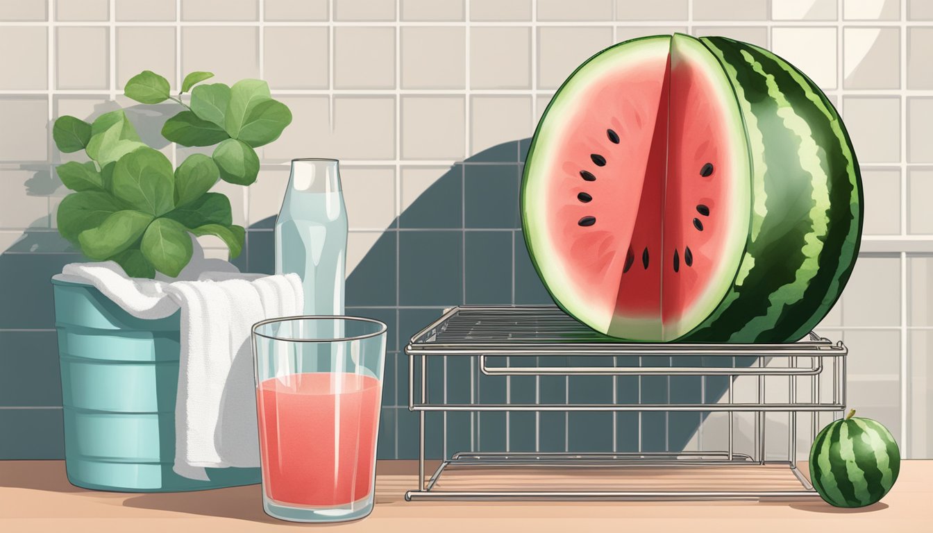 A watermelon half sits on a drying rack next to a clean towel. A hand reaches for a glass storage container nearby