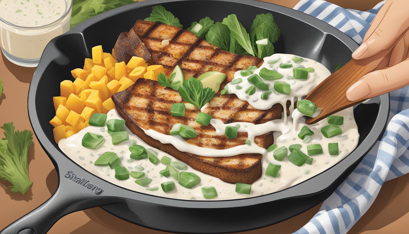 A sizzling skillet with various ingredients being drizzled with Hidden Valley Ranch dressing, adding flavor and moisture to the dish