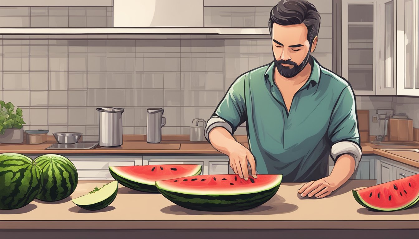 A person slicing a watermelon and carefully checking for seeds or signs of spoilage before serving