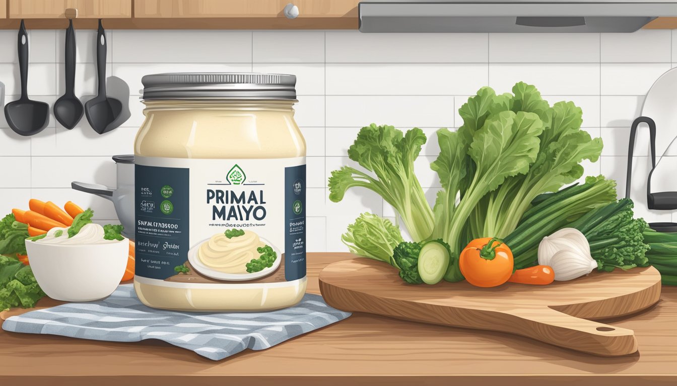 A jar of Primal Kitchen Mayo sits next to a cutting board with fresh vegetables and a skillet on a stovetop