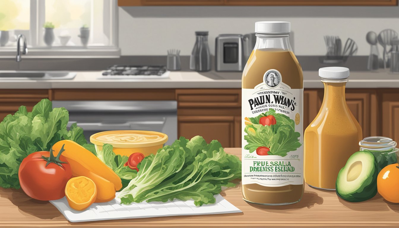 A kitchen counter with a bottle of Newman's Own salad dressing, fresh vegetables, and a recipe book open to a page titled "The Legacy of Paul Newman: How to Cook with Newman's Own Salad Dressing."