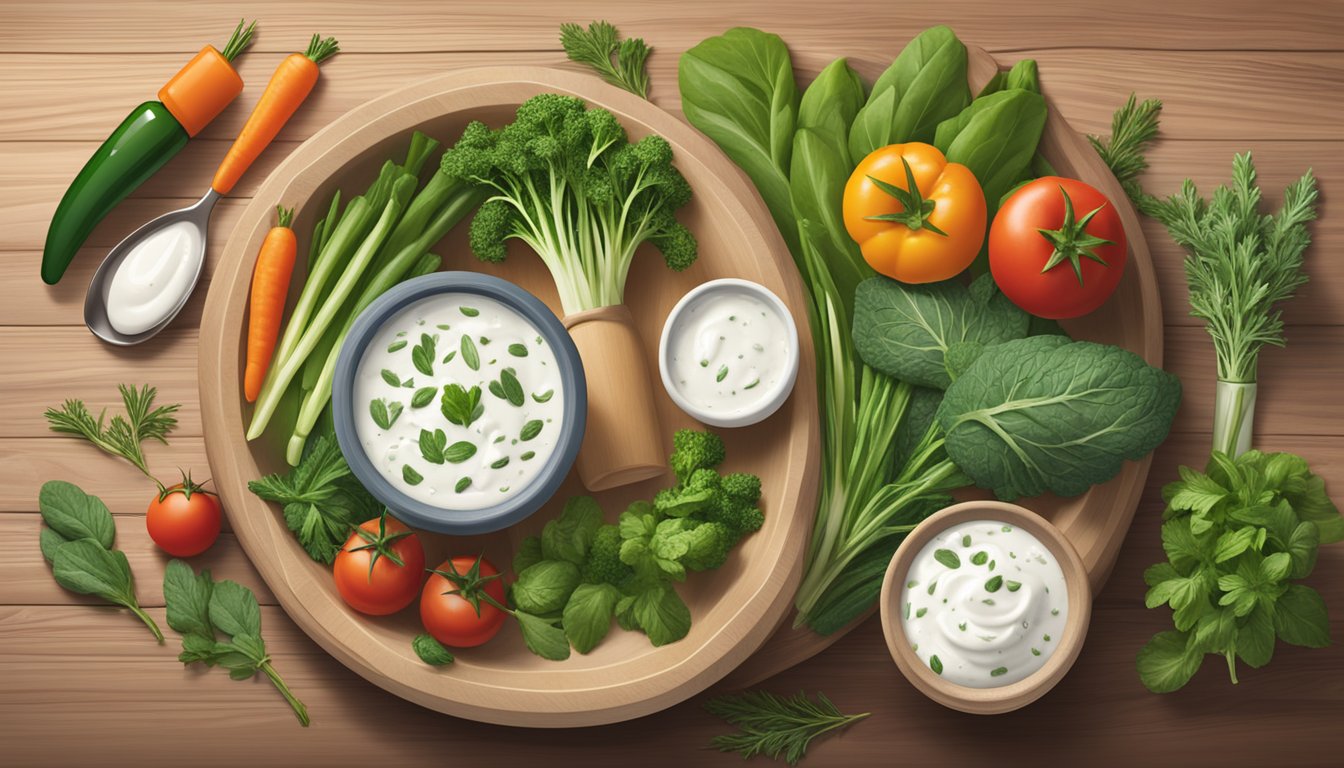 A bowl of ranch dressing sits on a wooden table surrounded by fresh herbs, vegetables, and a bottle of Hidden Valley Ranch